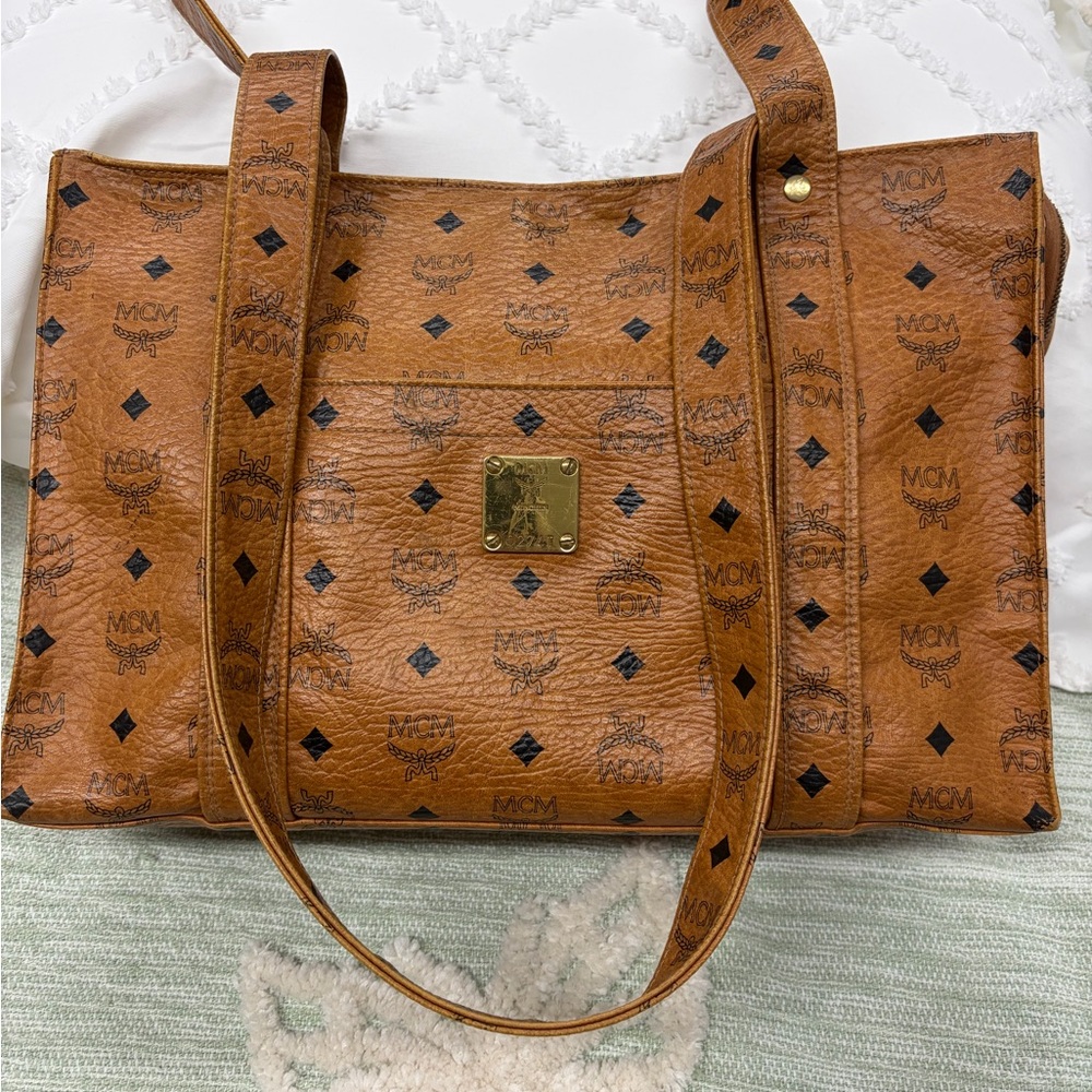 MCM Tan Logo Pattern Shoulder Bag